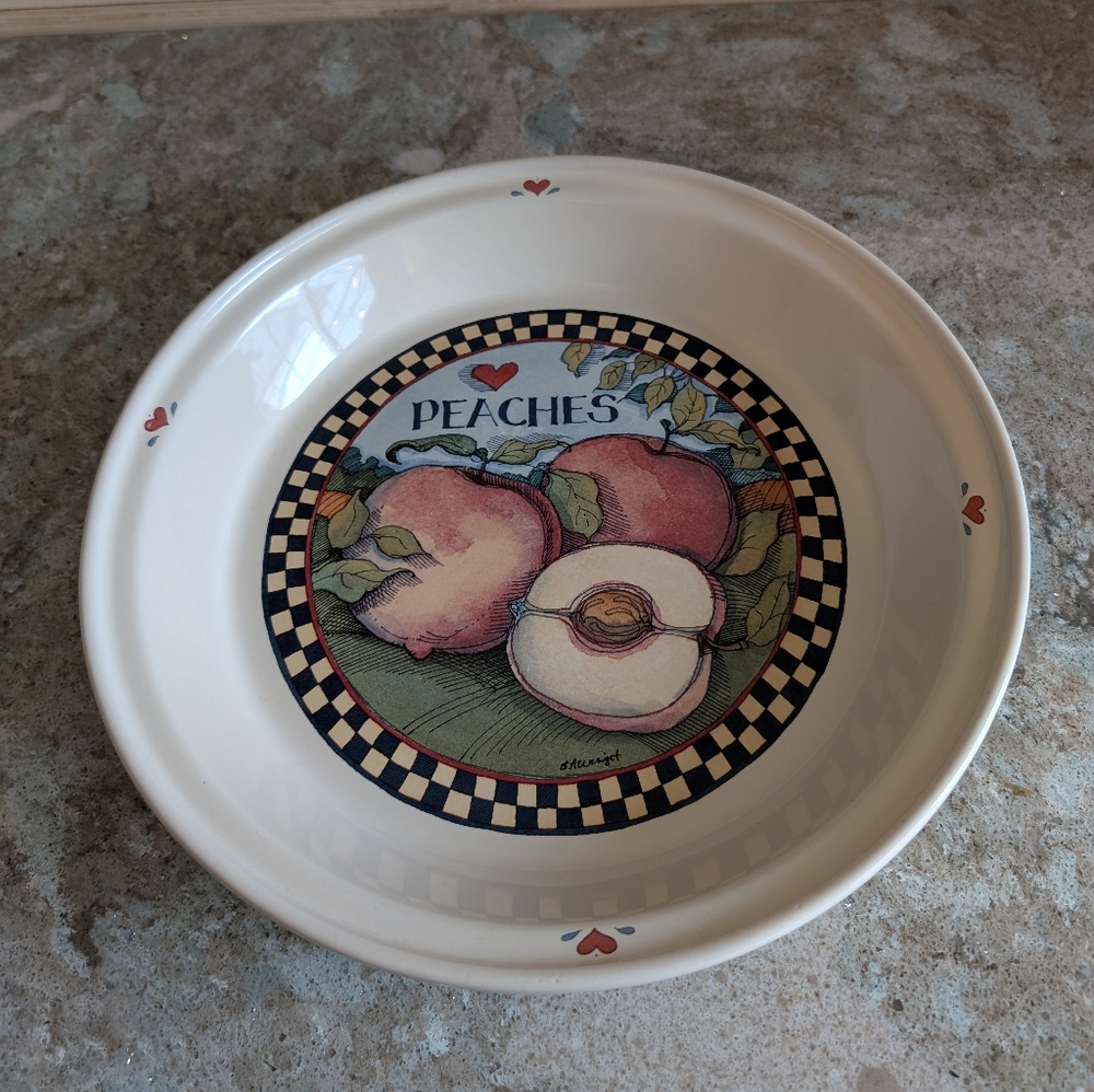 Vintage Susan Winget Ceramic Pie Pan Dish Baker "PEACHES" 11 in Dia. Farmhouse